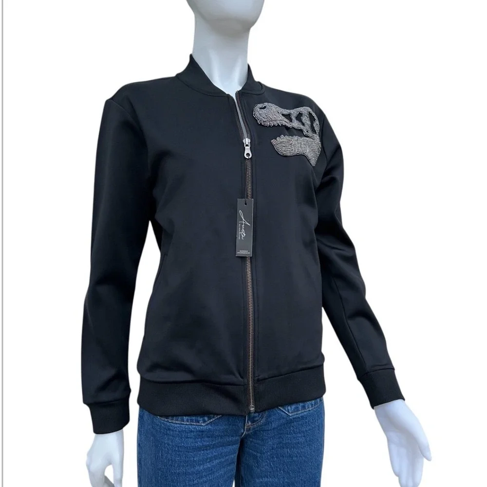 New Arieta Bomber Women Black Beaded Dinosaur Skull Athleisure Sz M Grunge NWT - Picture 3 of 17